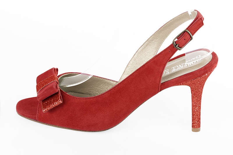 Scarlet red women's slingback sandals. Round toe. High slim heel. Profile view - Florence KOOIJMAN